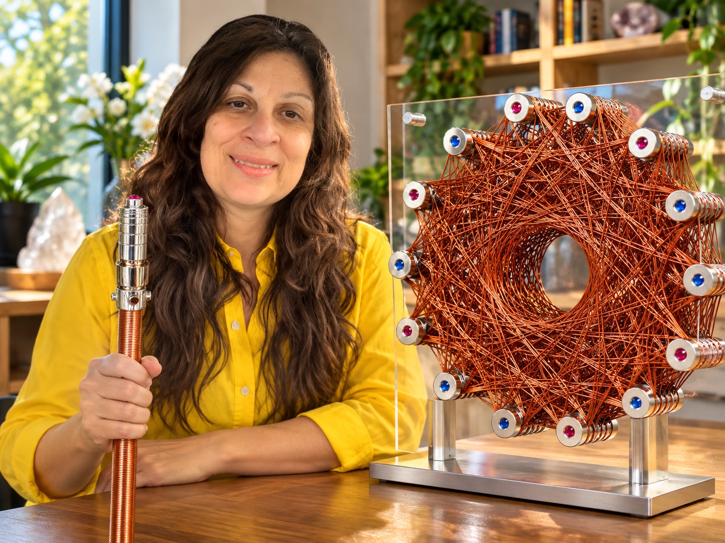 Shahiroz Walji holding a wand beside a large copper coil